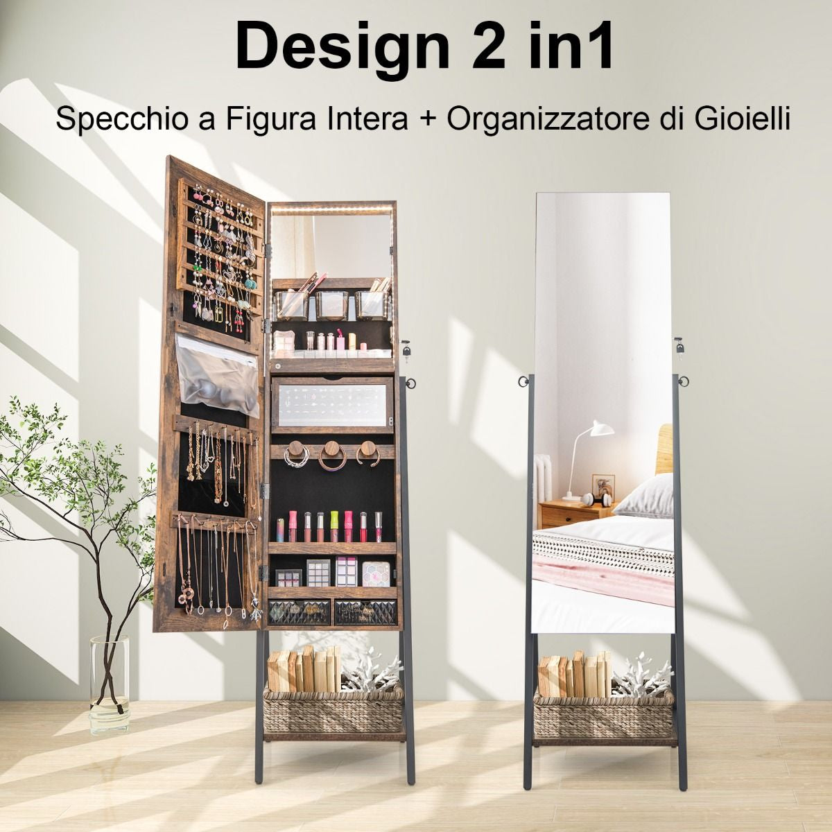 Specchio Portagioie Da Terra Con Serratura Luci LED Telaio Metallico, Armadietto Portagioie 41,5X37X157Cm