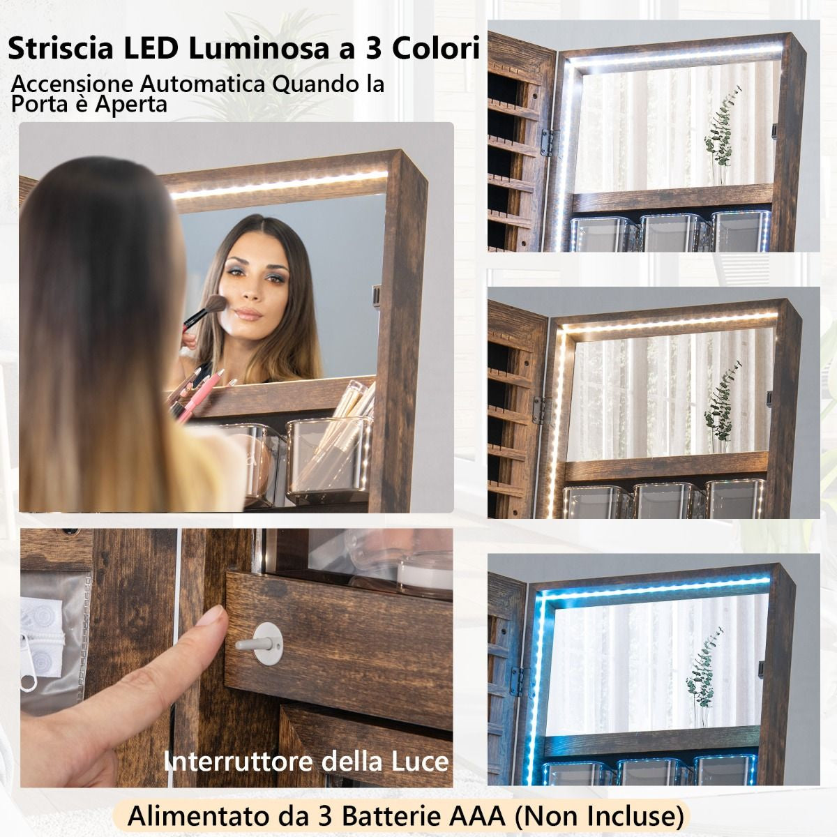 Specchio Portagioie Da Terra Con Serratura Luci LED Telaio Metallico, Armadietto Portagioie 41,5X37X157Cm