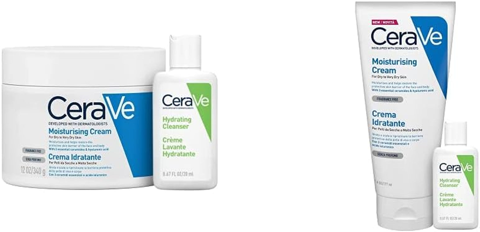 Crema Idratante Viso E Corpo, per Pelle Secca, Con Acido Ialuronico 340G + Travel Size Detergente Idratante 20Ml & Crema Idratante Viso E Corpo per Pelle Secca 177Ml + Detergente 20Ml