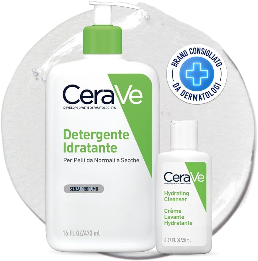 Cerave Kit Detersione, Detergente Idratante Viso, per Pelli Da Normali a Secche, Con Acido Ialuronico, 473 Ml + Detergente Da Viaggio, 20 Ml