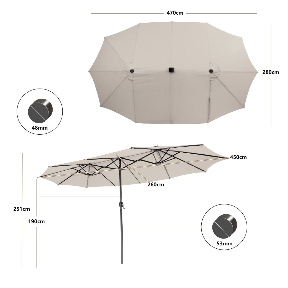 Ombrellone Gemello Da 470Cm Con 48 Luci LED, Ombrello Da Esterno a Doppio Lato Con Pannello Solare Auto-Caricante 3 Colori