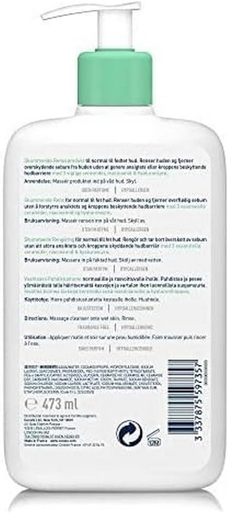 Cerave Schiuma Detergente Seboregolatrice, per Viso E Corpo, per Pelli Da Normali a Grasse, Con Niacinamide E 3 Ceramidi Essenziali, 2 X 473 Ml