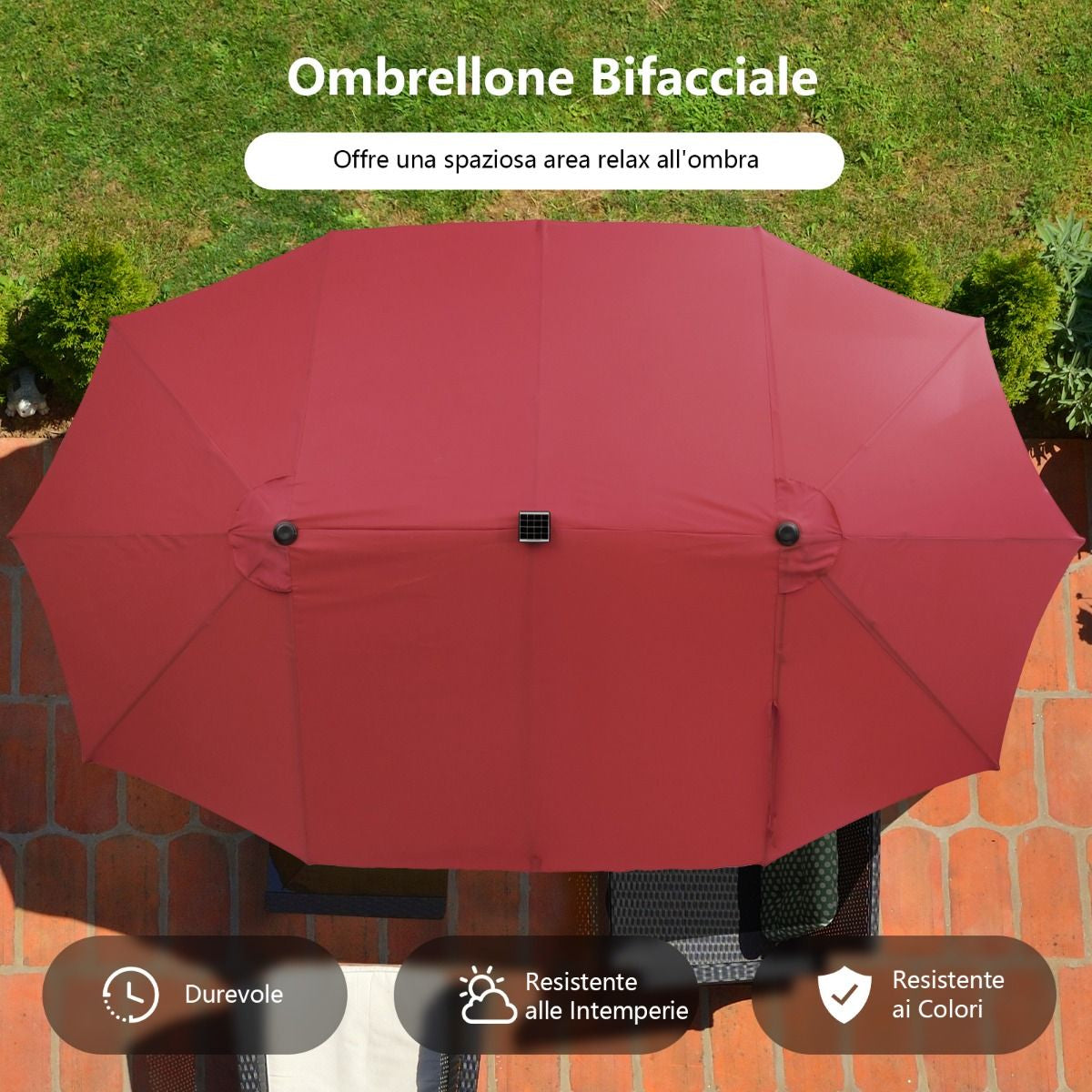 Ombrellone Gemello Da 470Cm Con 48 Luci LED, Ombrello Da Esterno a Doppio Lato Con Pannello Solare Auto-Caricante 3 Colori