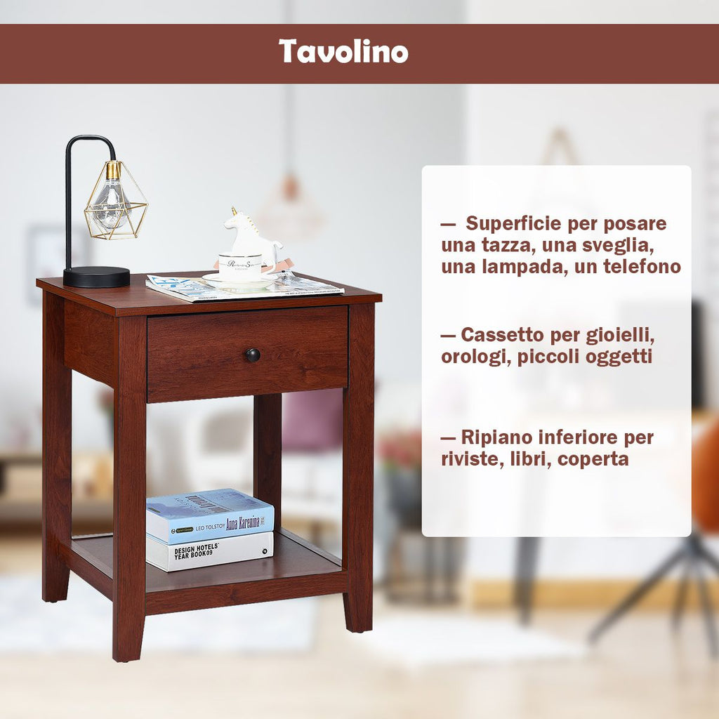 Set Di 2 Comodini in Legno Con Cassetto Da Camera Da Letto 50X42X62Cm, Comodini Organizer Moderni Marrone