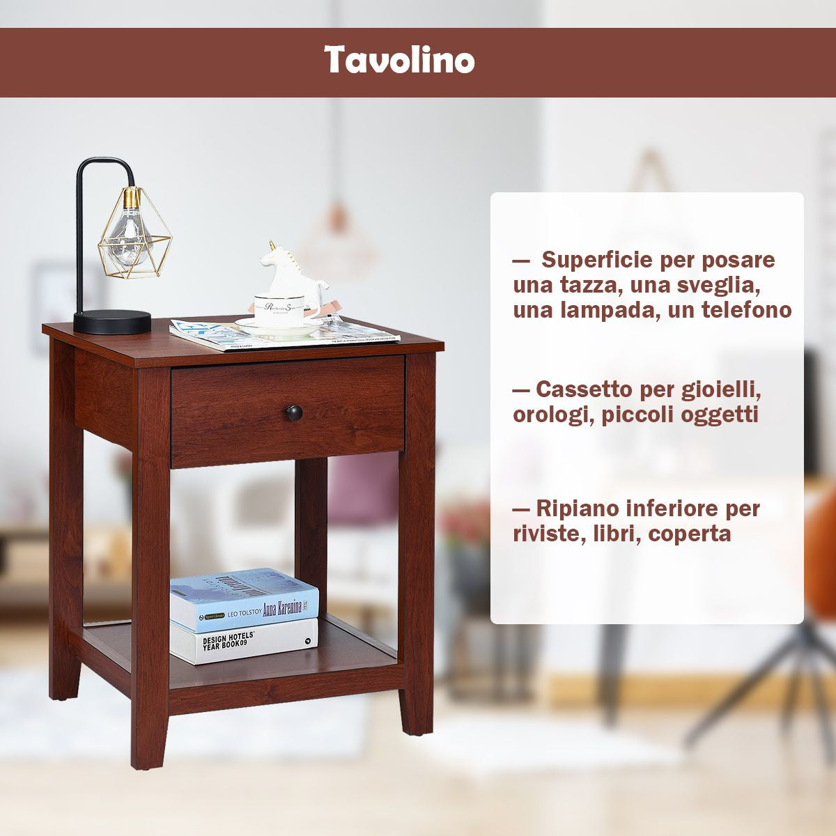 Set Di 2 Comodini in Legno Con Cassetto Da Camera Da Letto 50X42X62Cm, Comodini Organizer Moderni Marrone