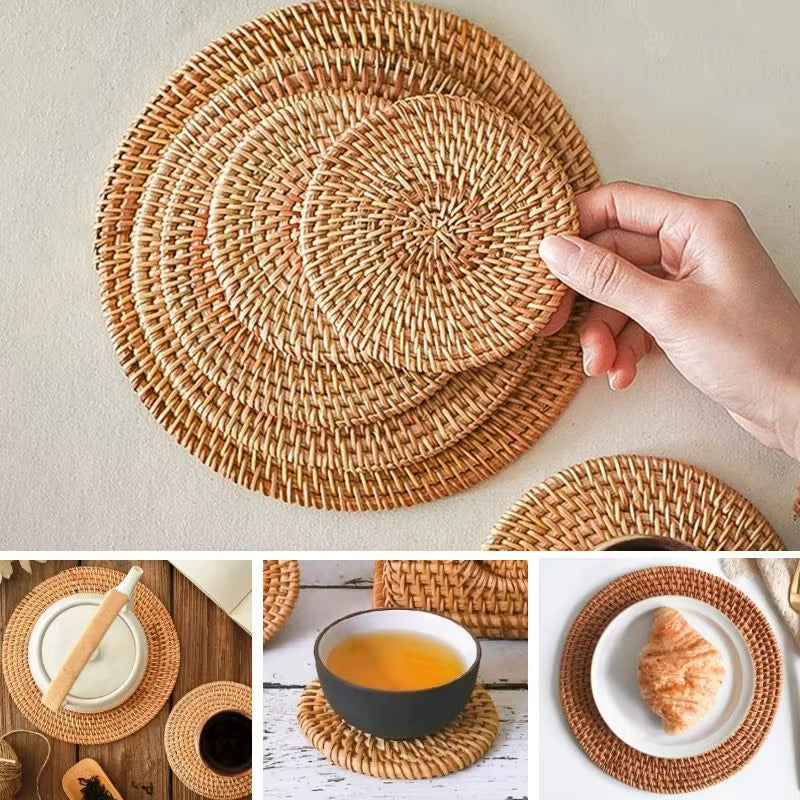 Cup Mat round Natural Rattan Hot Pad ,Hand Woven Hot Insulation Placemats Table Padding Kitchen Decoration Accessories