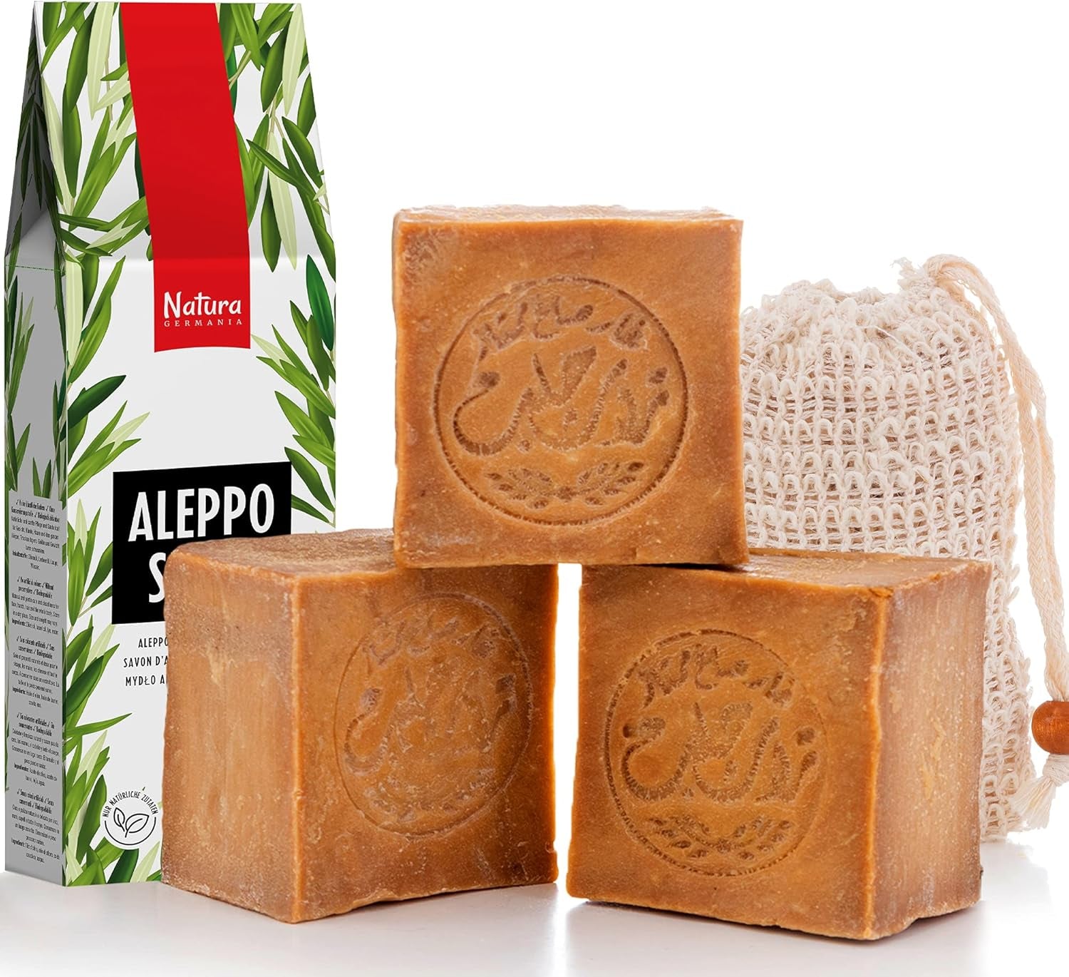 ® Set Di 3 Saponi Originali Di Aleppo, Ciascuno Circa 200 Gr (Circa 600 Gr in Totale), 90% Olio D'Oliva / 10% Olio Di Alloro + Sacchetto per Sapone in Sisal | Sapone Naturale