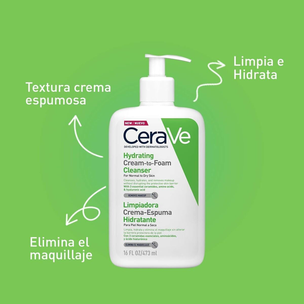 Cerave Crema Schiumosa Detergente Idratante Viso per Pelli Normali a Secche, 473 Ml
