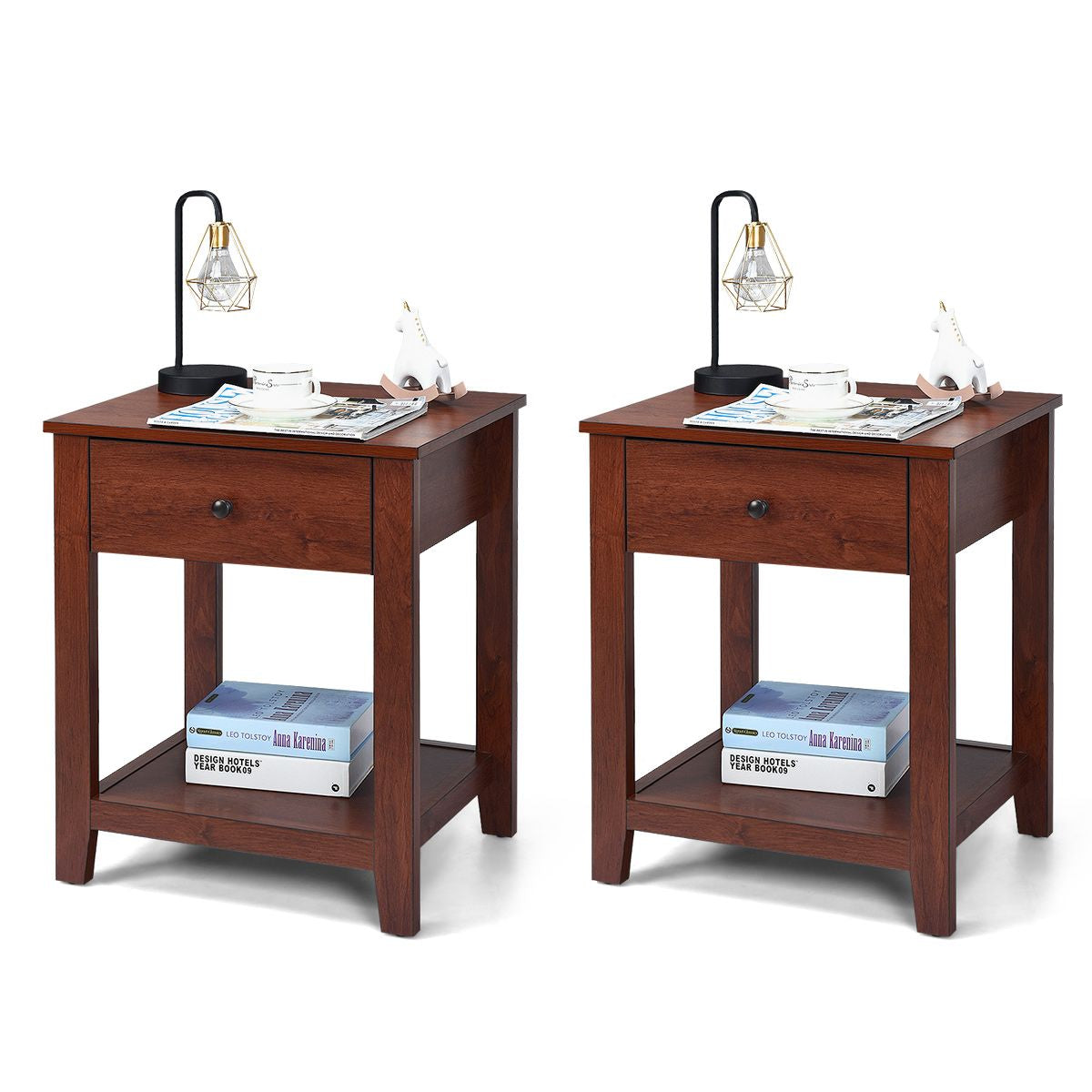 Set Di 2 Comodini in Legno Con Cassetto Da Camera Da Letto 50X42X62Cm, Comodini Organizer Moderni Marrone