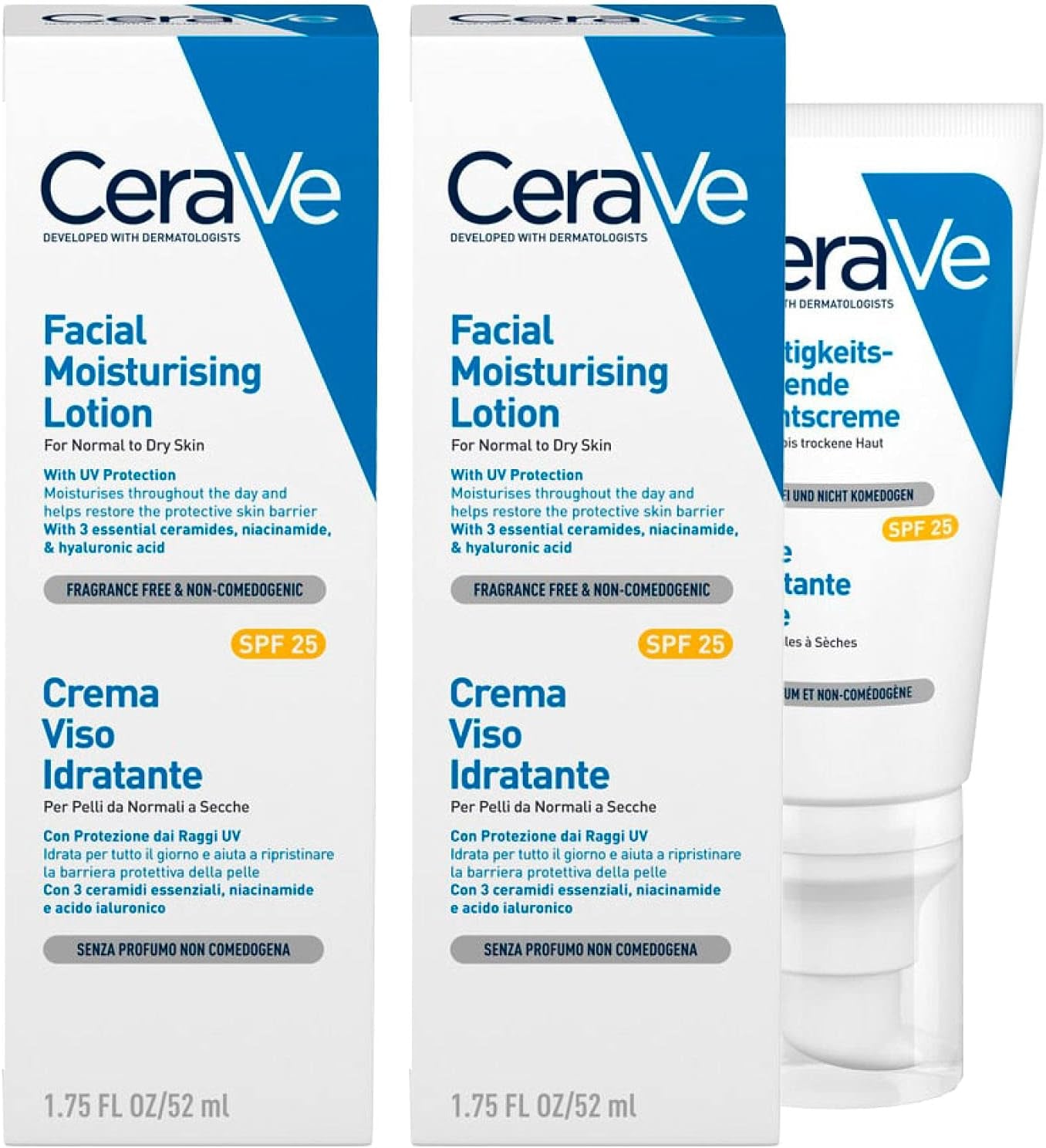 2X  Crema Viso Idratante per Pelli Normali E Secche Con 3 Ceramidi Essenziali Niacinamide E Protezione Solare SPF 25-2 Flaconi Da 52G Ognuno