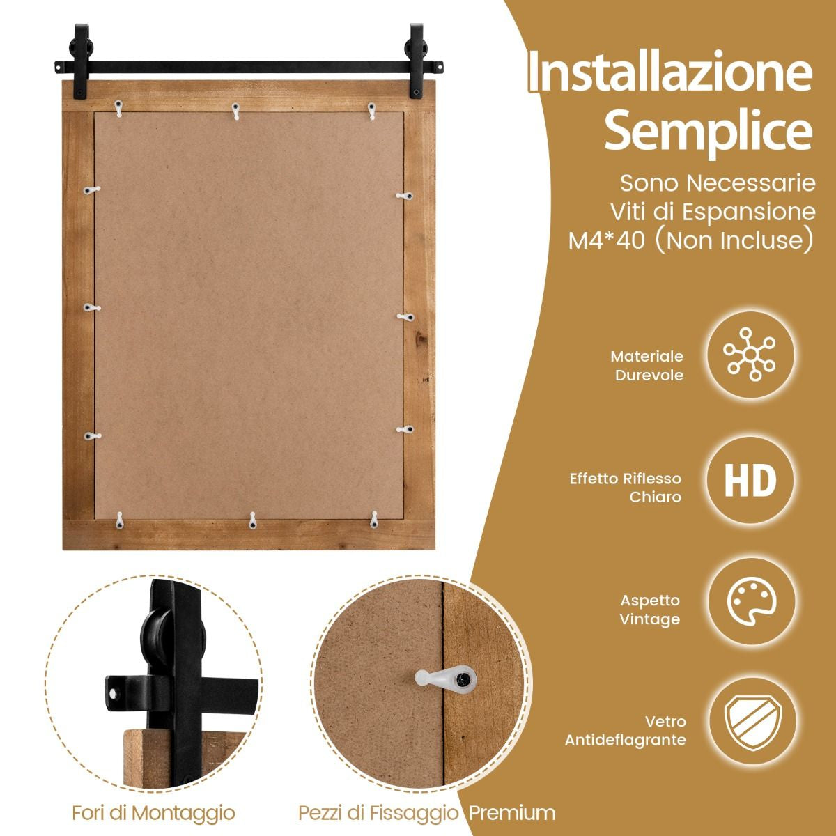 Specchio a Parete Farmhouse 76,5X56Cm, Specchio a Muro Rettangolare Con Cornice in Legno Staffa in Metallo