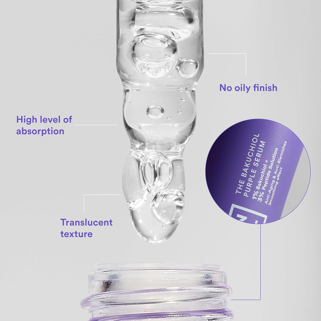MAKEUP - the Bakuchiol Purple Serum - Con 1% Bakuchiol + 3% Peptidi - Siero Viso Antirughe Antimacchia & anti Imperfezioni - Siero Idratante Viso - Vegan - Cruelty Free