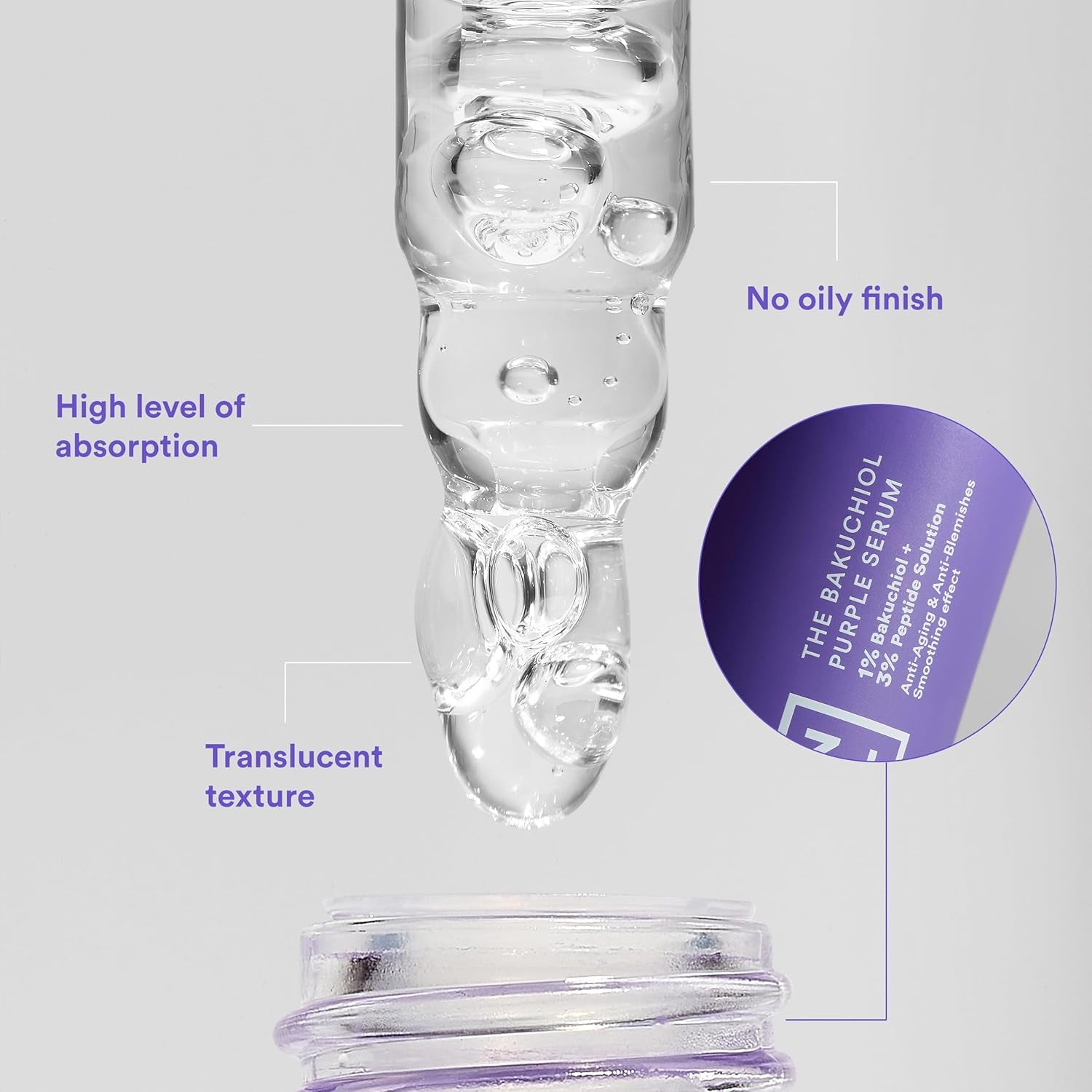 MAKEUP - the Bakuchiol Purple Serum - Con 1% Bakuchiol + 3% Peptidi - Siero Viso Antirughe Antimacchia & anti Imperfezioni - Siero Idratante Viso - Vegan - Cruelty Free