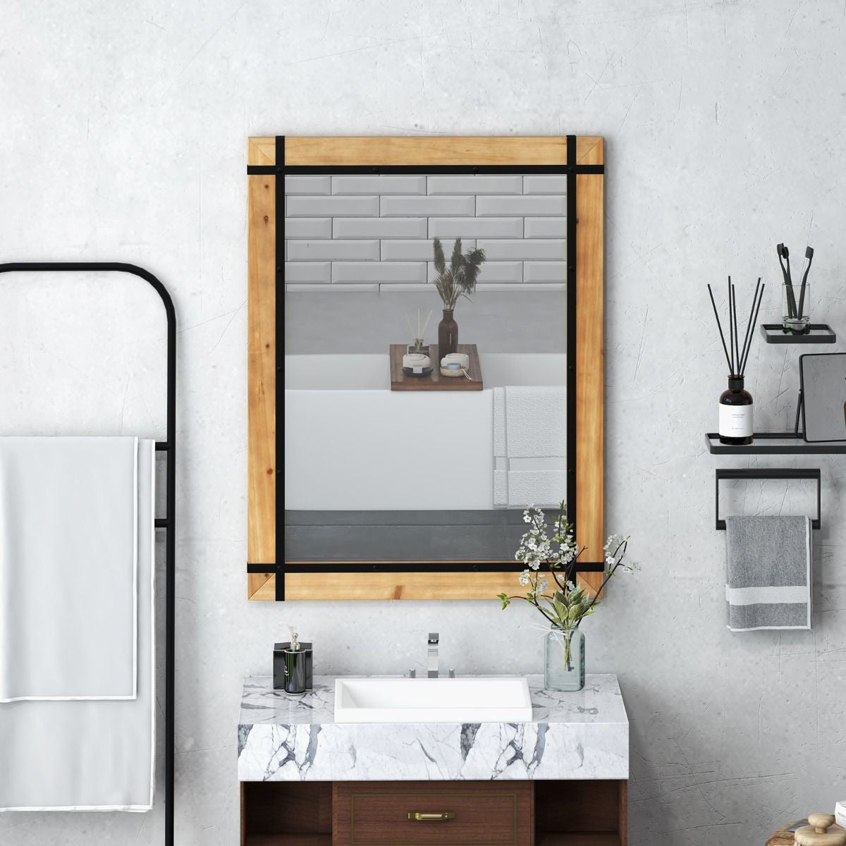Specchio Da Parete Decorativo 77X100Cm, Specchio Da Parete Con Cornice in Legno Di Abete Naturale