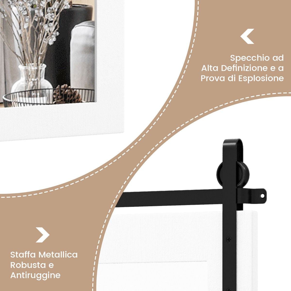 Specchio a Parete Farmhouse 76,5X56Cm, Specchio a Muro Rettangolare Con Cornice in Legno Staffa in Metallo