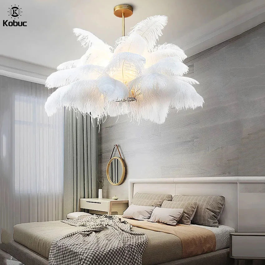 Kobuc Nordic Ostrich Feather LED Pendant Lights Modern Home Decor Feather Chandelier Ceiling Lamp Bedroom Lamp Indoor Light