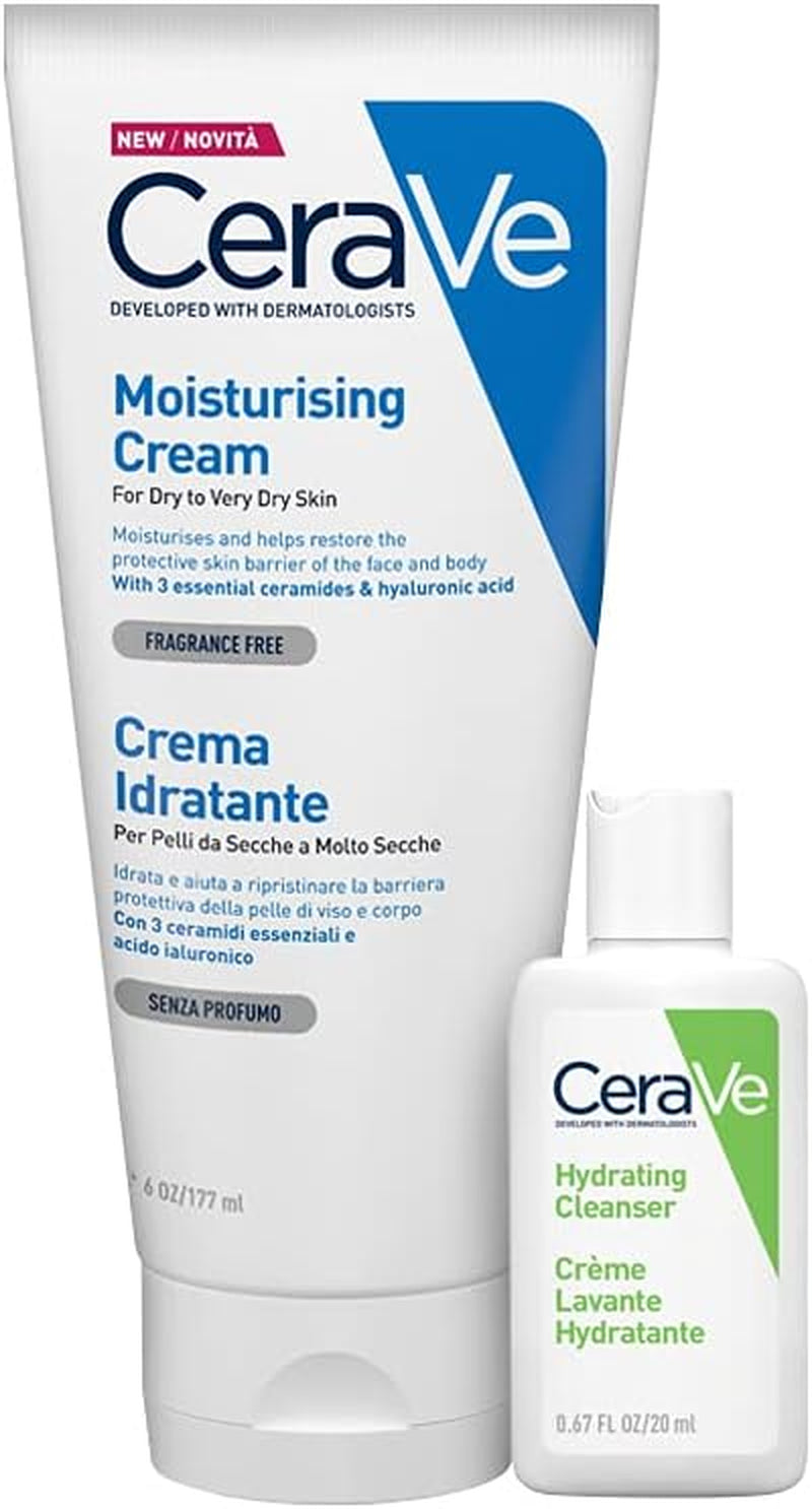 Crema Idratante Viso E Corpo, per Pelle Secca, Con Acido Ialuronico 340G + Travel Size Detergente Idratante 20Ml & Crema Idratante Viso E Corpo per Pelle Secca 177Ml + Detergente 20Ml