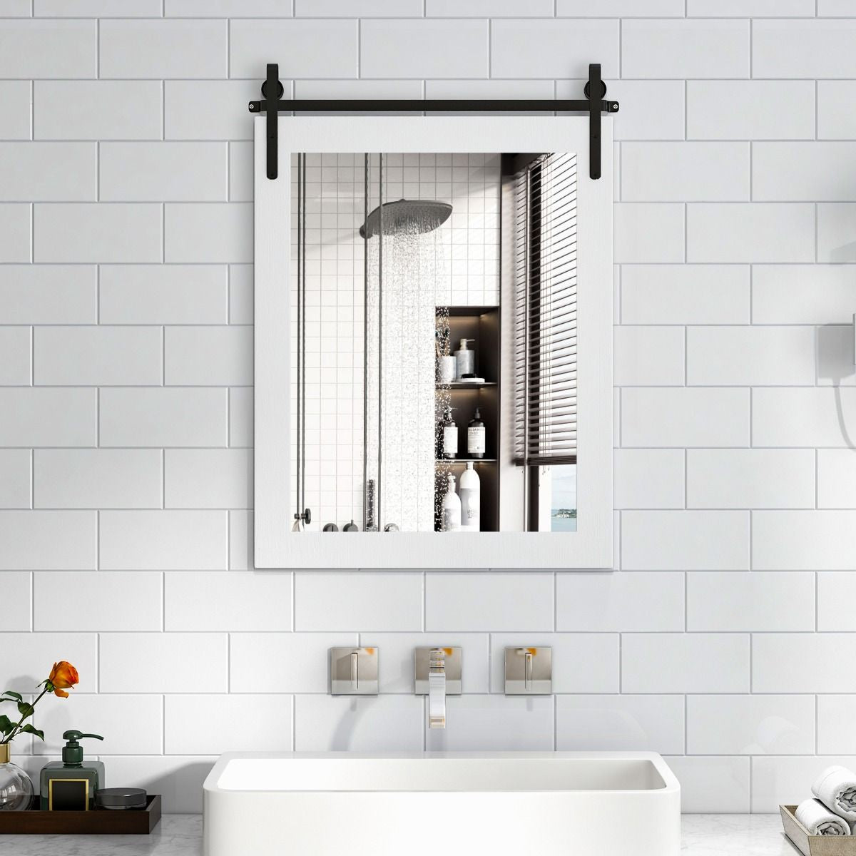 Specchio a Parete Farmhouse 76,5X56Cm, Specchio a Muro Rettangolare Con Cornice in Legno Staffa in Metallo