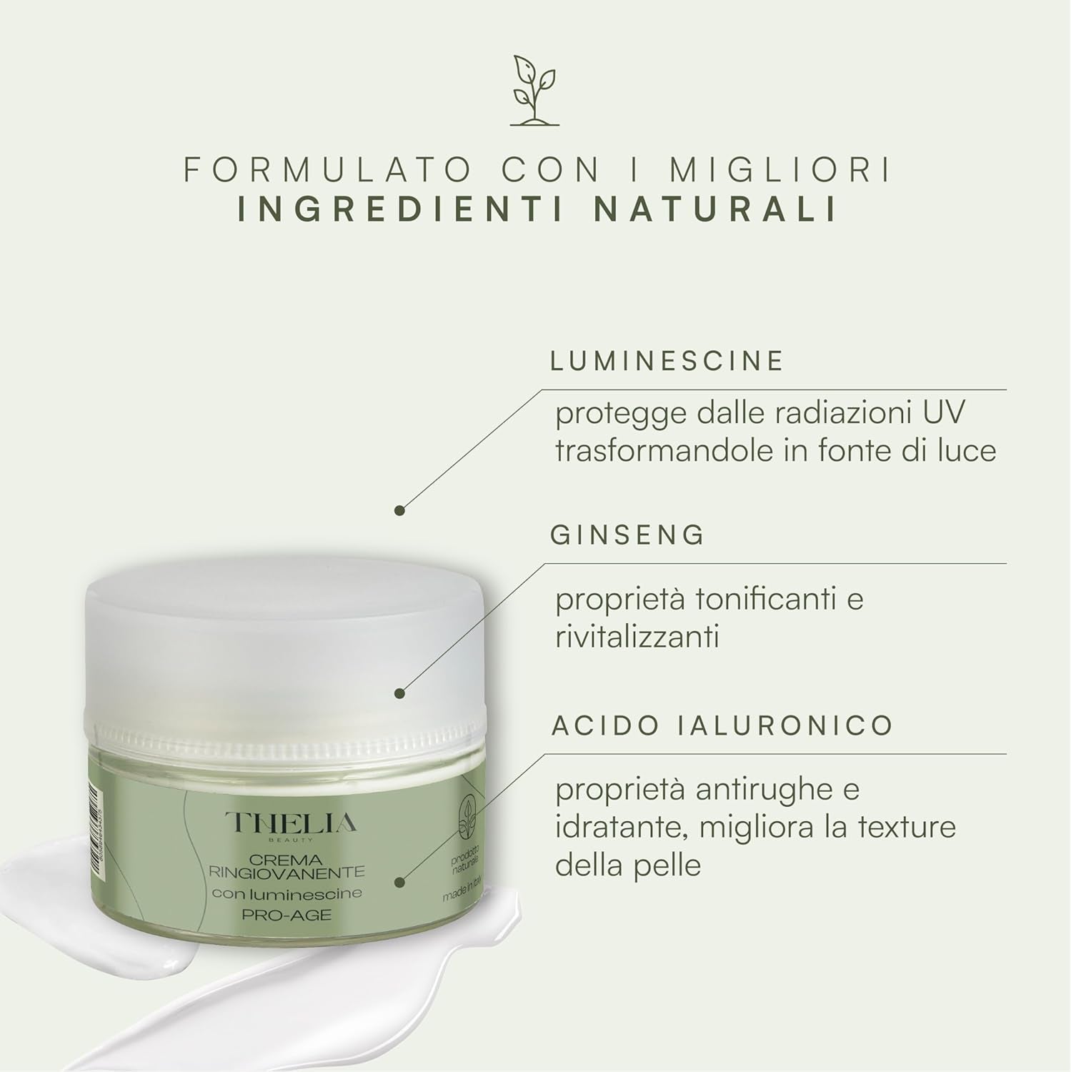 | Crema Ringiovanente Idratante Pro-Age Con Luminescine, Olio Di Ciliegia E Acido Ialuronico Prodotto Naturale Senza Parabeni, Dermatologicamente Testato, Made in Italy, 50 Ml