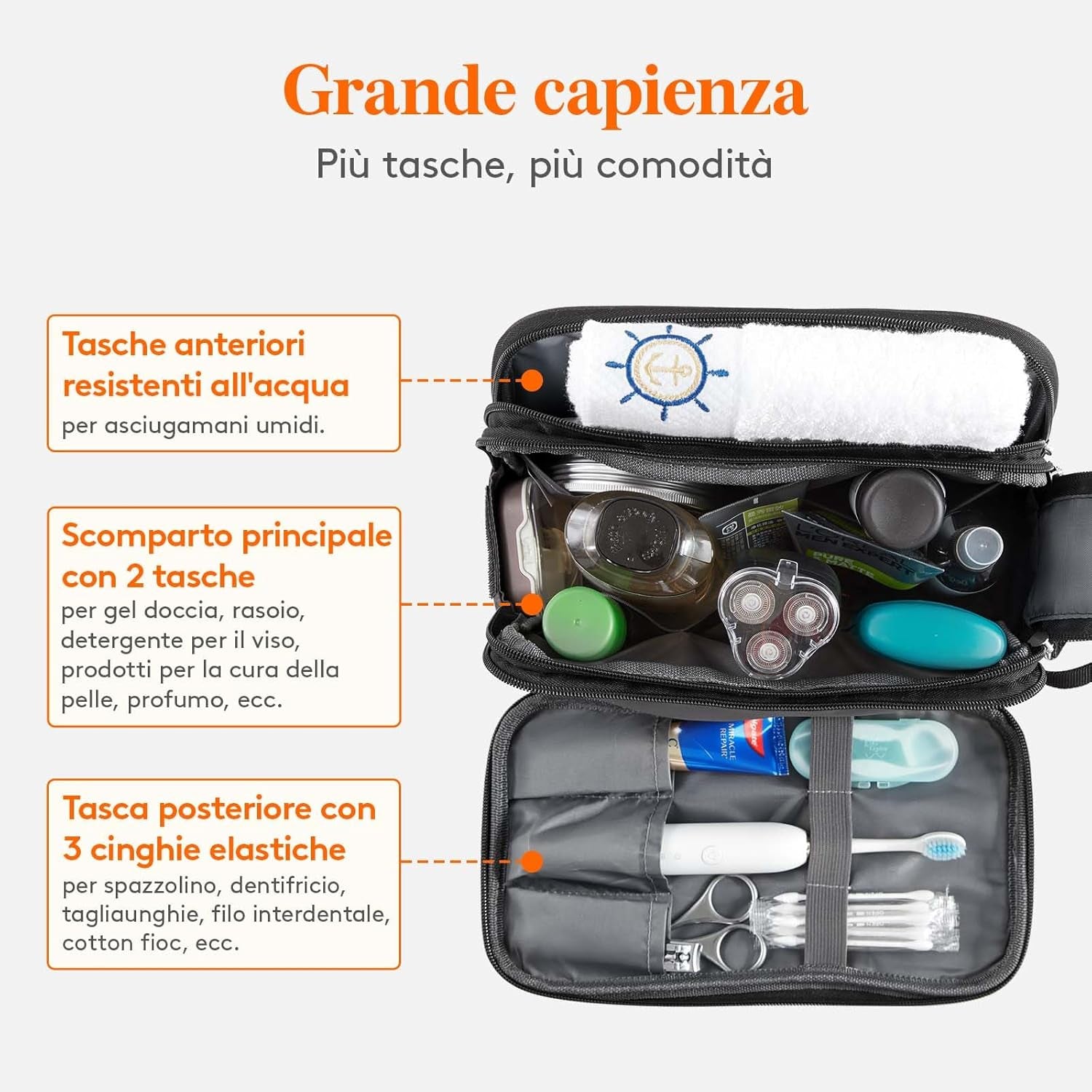Beauty Case Viaggio, Trousse Resistente All'Acqua per Prodotti Da Toeletta E Accessori Da Barba, Medio, Nero