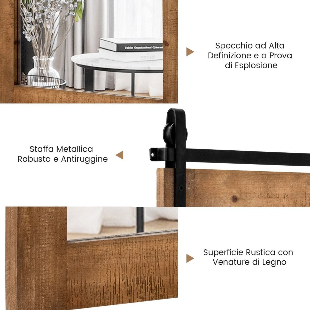 Specchio a Parete Farmhouse 76,5X56Cm, Specchio a Muro Rettangolare Con Cornice in Legno Staffa in Metallo