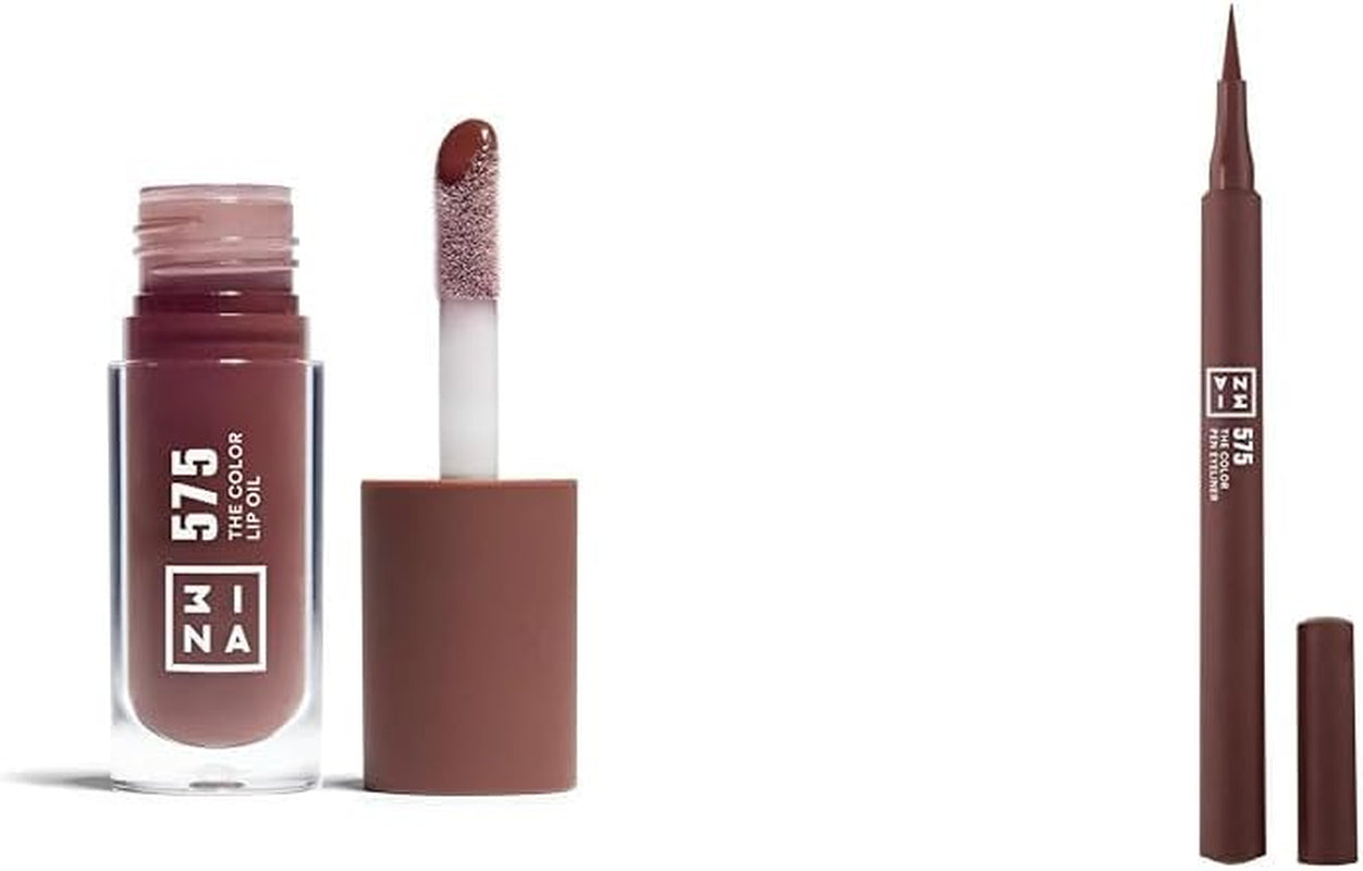 MAKEUP - the Color Lip Oil 575 + the Color Pen Eyeliner 575 - Balsamo Labbra Marrone Con Acido Ialuronico + Eyeliner Marrone 10H Lunga Durata - Alta Pigmentazione - Vegan - Cruelty Free