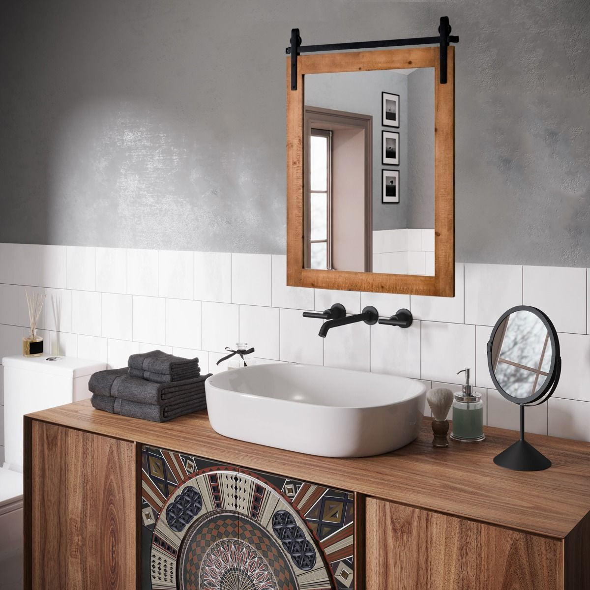 Specchio a Parete Farmhouse 76,5X56Cm, Specchio a Muro Rettangolare Con Cornice in Legno Staffa in Metallo