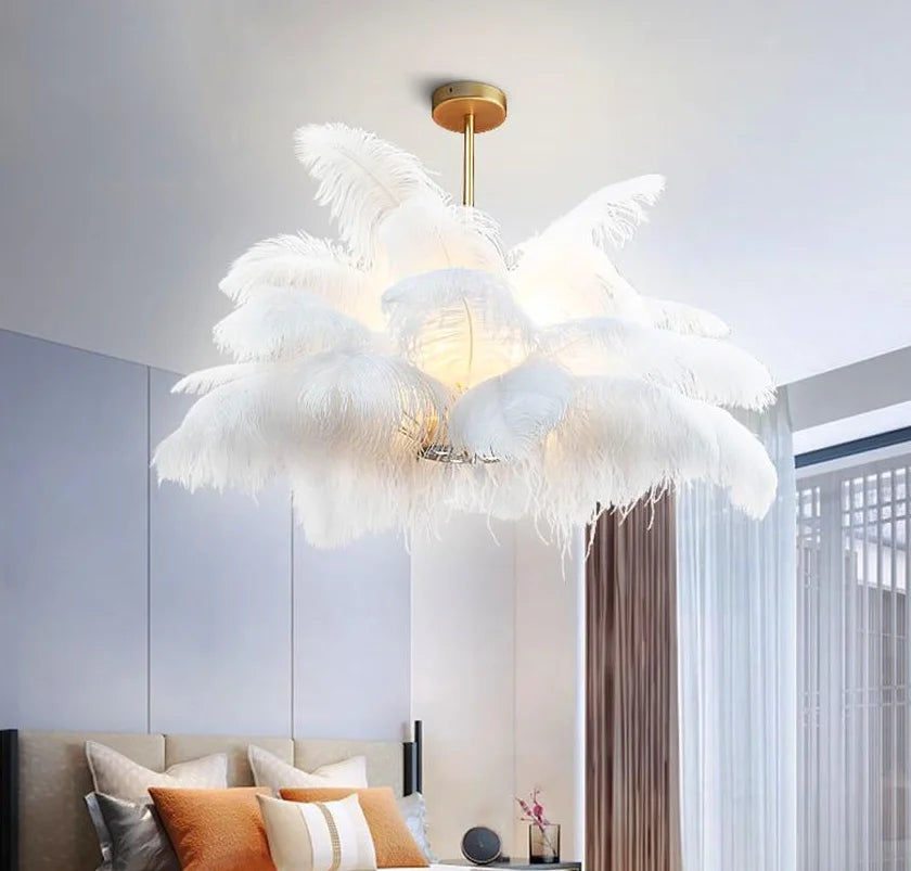 Kobuc Nordic Ostrich Feather LED Pendant Lights Modern Home Decor Feather Chandelier Ceiling Lamp Bedroom Lamp Indoor Light