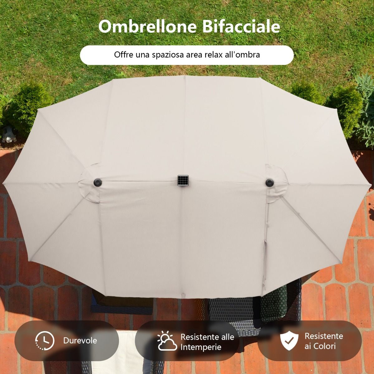 Ombrellone Gemello Da 470Cm Con 48 Luci LED, Ombrello Da Esterno a Doppio Lato Con Pannello Solare Auto-Caricante 3 Colori
