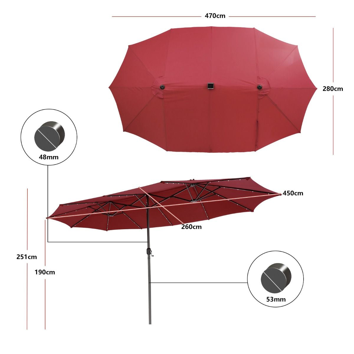 Ombrellone Gemello Da 470Cm Con 48 Luci LED, Ombrello Da Esterno a Doppio Lato Con Pannello Solare Auto-Caricante 3 Colori