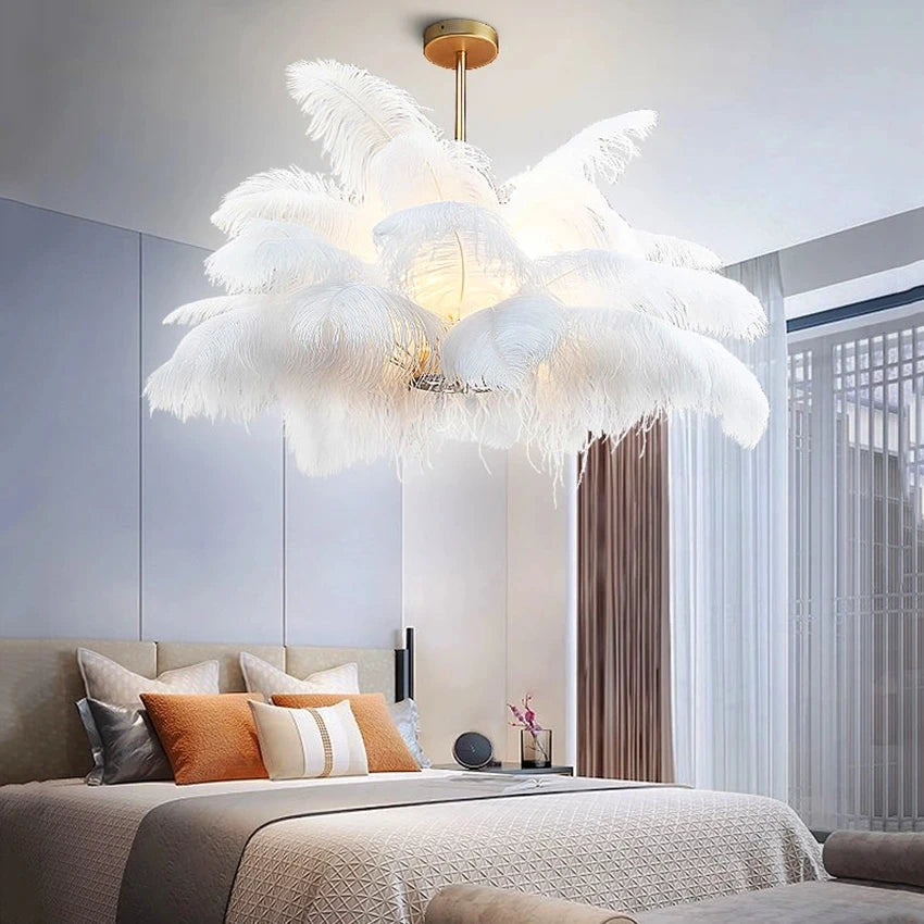 Kobuc Nordic Ostrich Feather LED Pendant Lights Modern Home Decor Feather Chandelier Ceiling Lamp Bedroom Lamp Indoor Light
