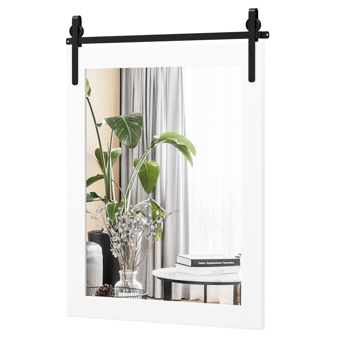 Specchio a Parete Farmhouse 76,5X56Cm, Specchio a Muro Rettangolare Con Cornice in Legno Staffa in Metallo