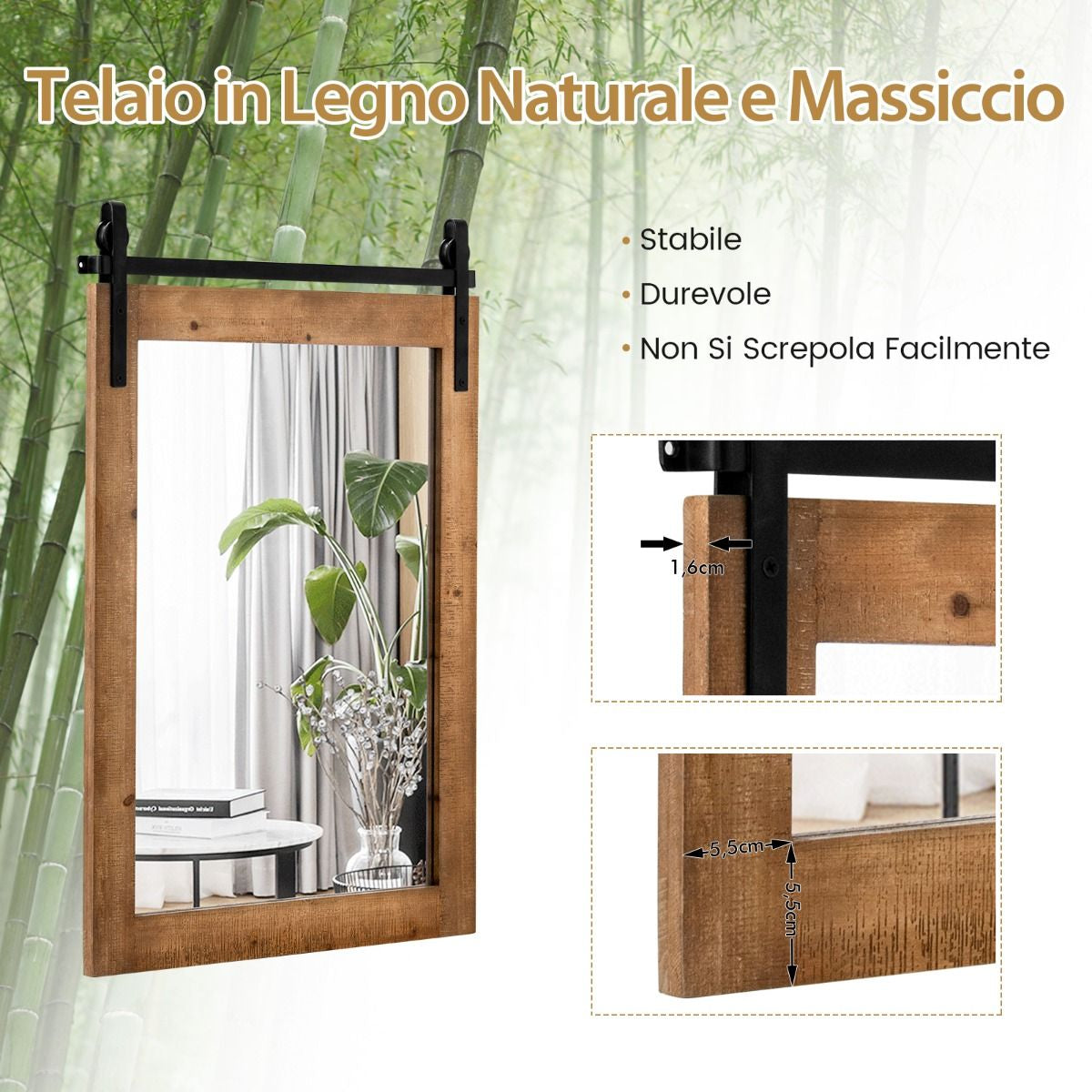 Specchio a Parete Farmhouse 76,5X56Cm, Specchio a Muro Rettangolare Con Cornice in Legno Staffa in Metallo
