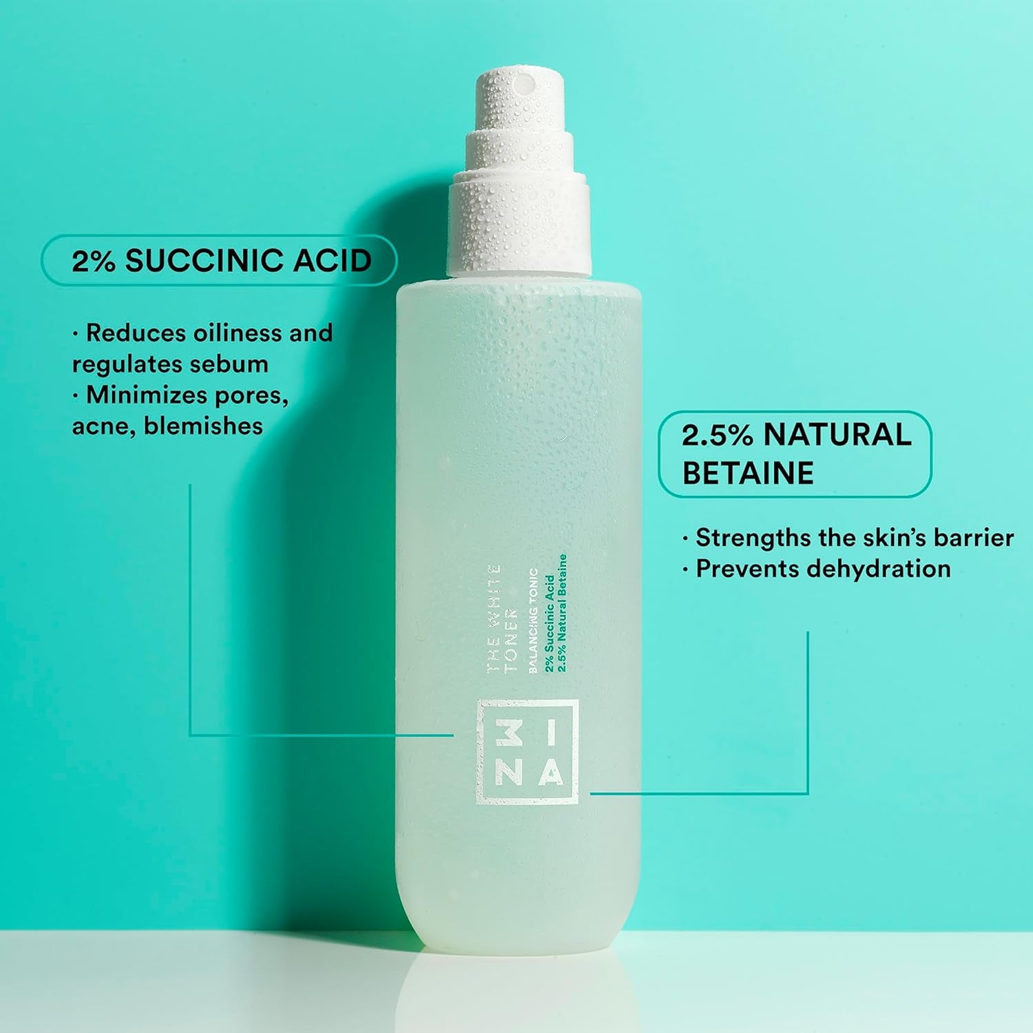 MAKEUP - the White Toner - Tonico Viso 2% Acido Succinico + 2.5% Betaina Naturale - Toner Viso Minimizza Acne Sebo & Pori - Tonico Idratante Viso - Vegan - Cruelty Free