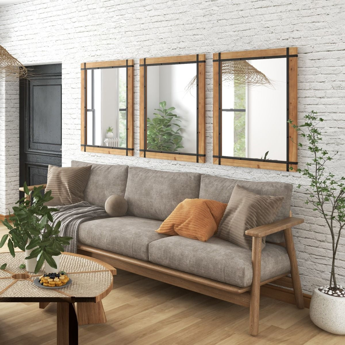 Specchio Da Parete Decorativo 77X100Cm, Specchio Da Parete Con Cornice in Legno Di Abete Naturale