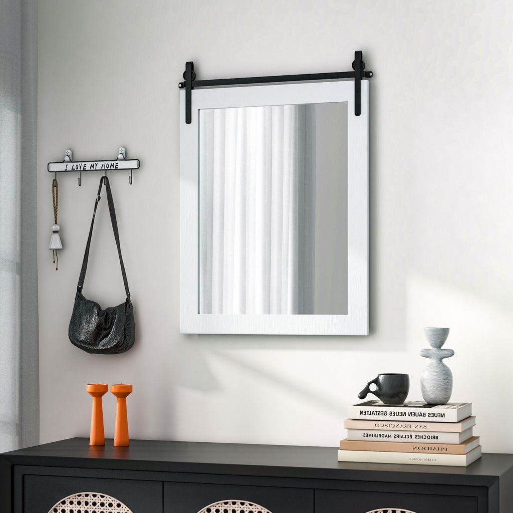 Specchio a Parete Farmhouse 76,5X56Cm, Specchio a Muro Rettangolare Con Cornice in Legno Staffa in Metallo