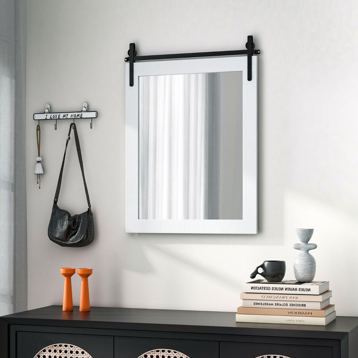 Specchio a Parete Farmhouse 76,5X56Cm, Specchio a Muro Rettangolare Con Cornice in Legno Staffa in Metallo