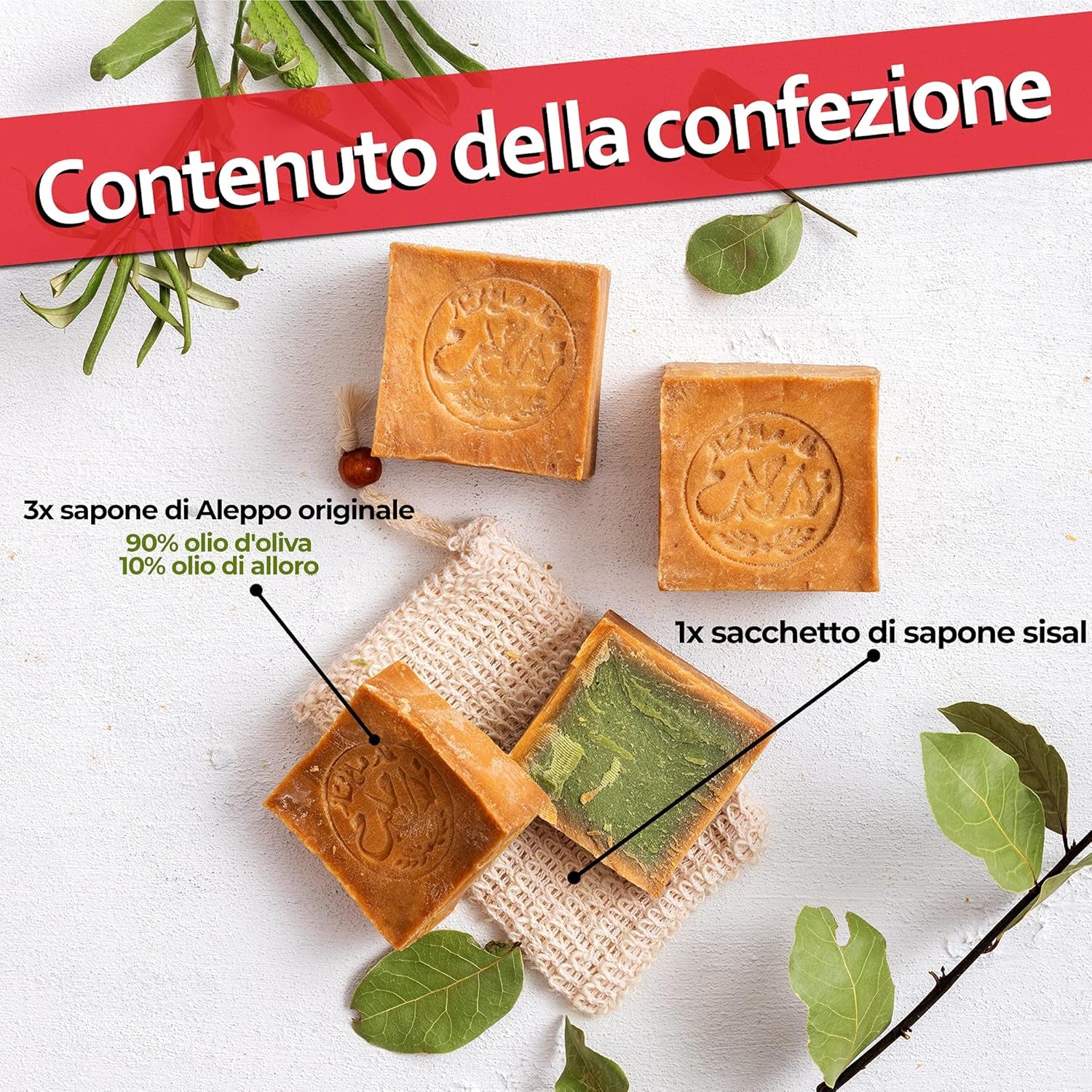 ® Set Di 3 Saponi Originali Di Aleppo, Ciascuno Circa 200 Gr (Circa 600 Gr in Totale), 90% Olio D'Oliva / 10% Olio Di Alloro + Sacchetto per Sapone in Sisal | Sapone Naturale