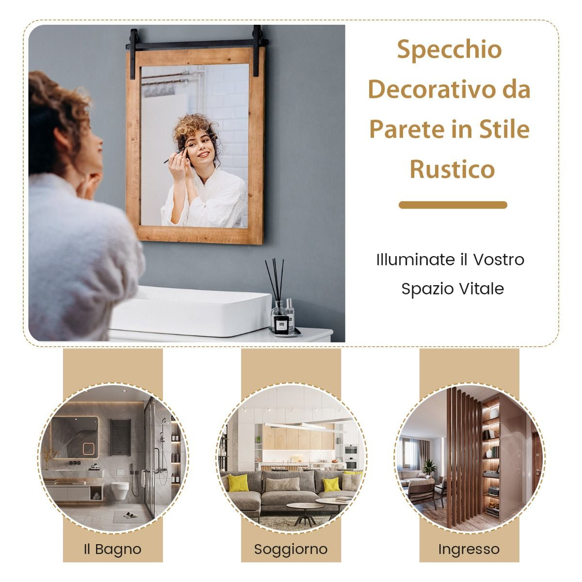 Specchio a Parete Farmhouse 76,5X56Cm, Specchio a Muro Rettangolare Con Cornice in Legno Staffa in Metallo