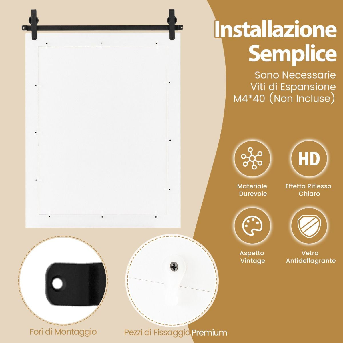 Specchio a Parete Farmhouse 76,5X56Cm, Specchio a Muro Rettangolare Con Cornice in Legno Staffa in Metallo