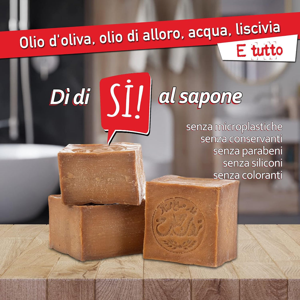 ® Set Di 3 Saponi Originali Di Aleppo, Ciascuno Circa 200 Gr (Circa 600 Gr in Totale), 90% Olio D'Oliva / 10% Olio Di Alloro + Sacchetto per Sapone in Sisal | Sapone Naturale