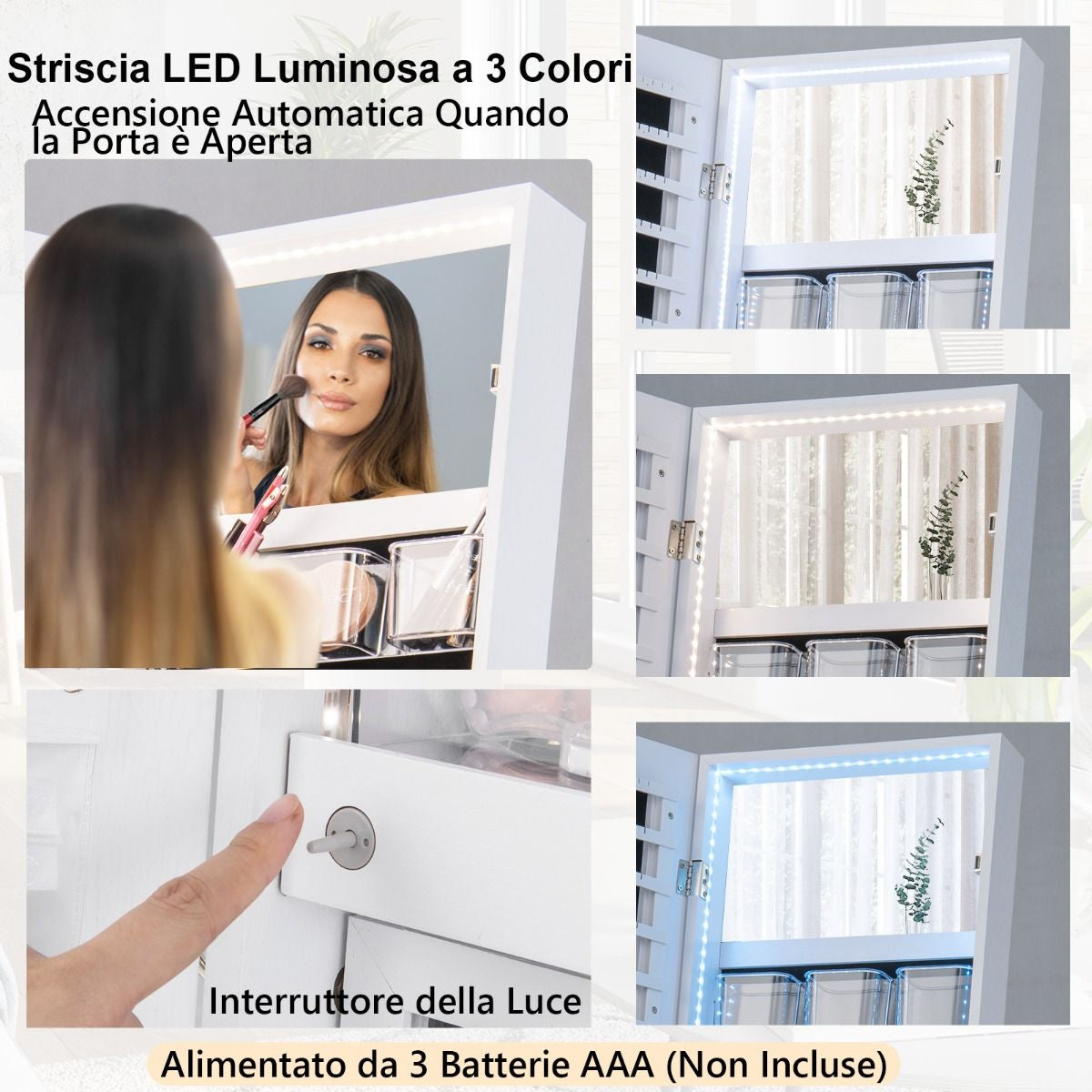 Specchio Portagioie Da Terra Con Serratura Luci LED Telaio Metallico, Armadietto Portagioie 41,5X37X157Cm