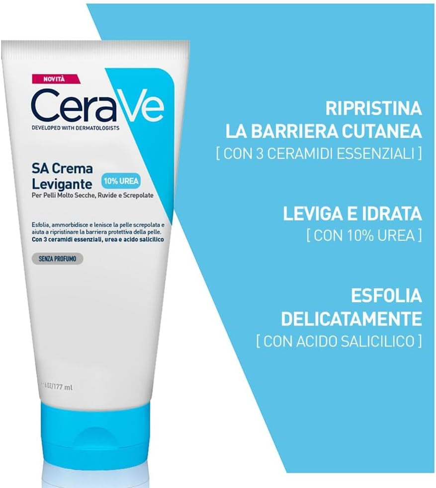 Cerave SA Crema Levigante per Pelle Molto Secca, Ruvida E Screpolata, Con Effetto Esfoliante, Con 10% Urea E Acido Salicilico, 2 X 177 Ml