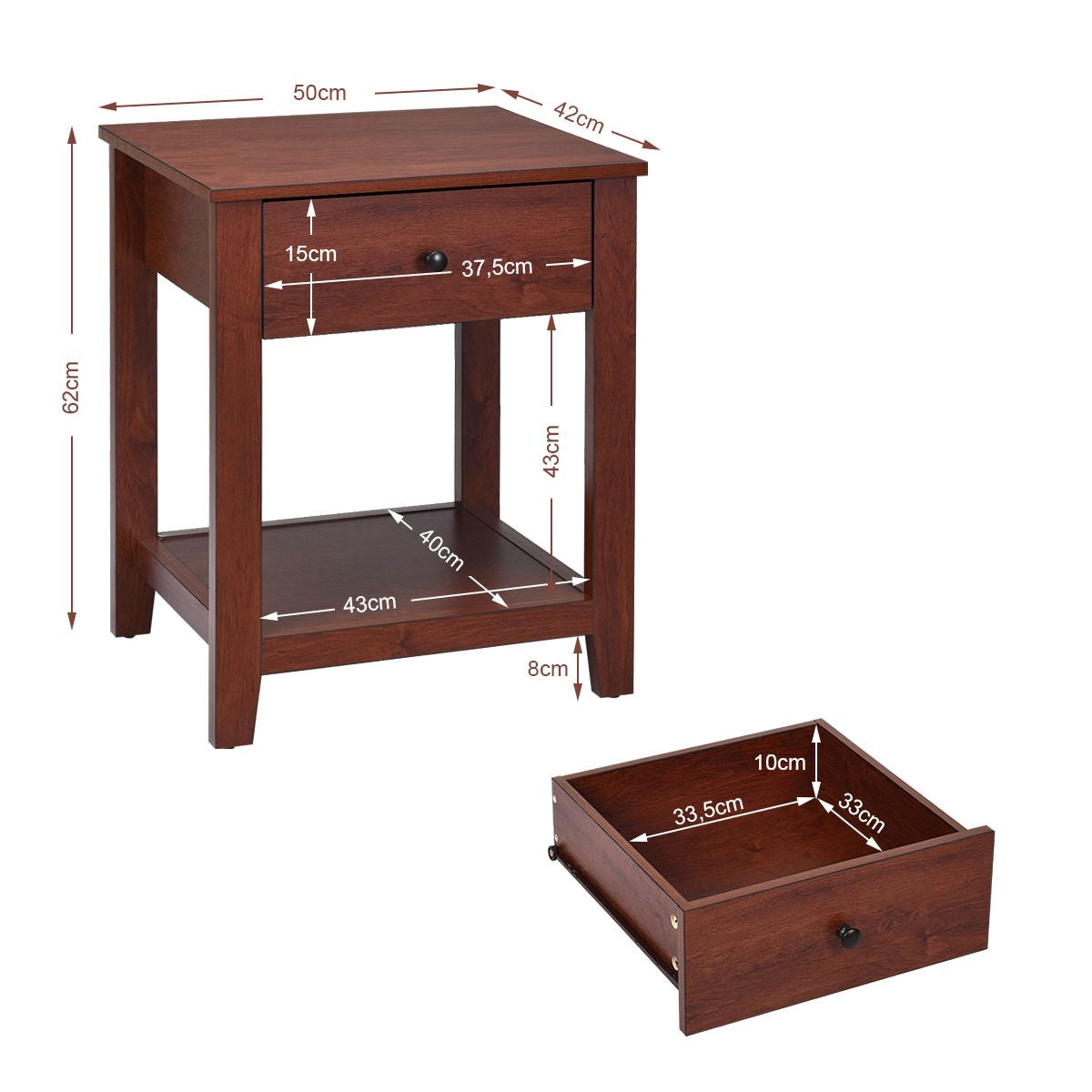 Set Di 2 Comodini in Legno Con Cassetto Da Camera Da Letto 50X42X62Cm, Comodini Organizer Moderni Marrone