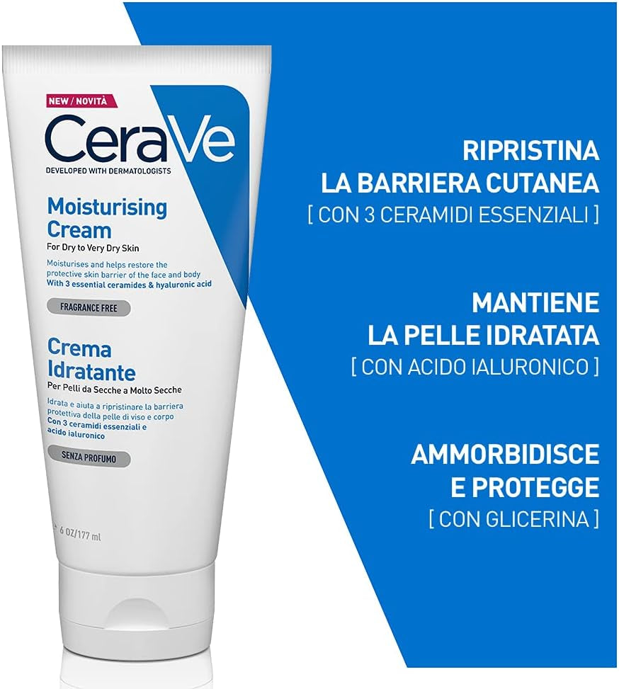 Crema Idratante Viso E Corpo, per Pelle Secca, Con Acido Ialuronico 340G + Travel Size Detergente Idratante 20Ml & Crema Idratante Viso E Corpo per Pelle Secca 177Ml + Detergente 20Ml