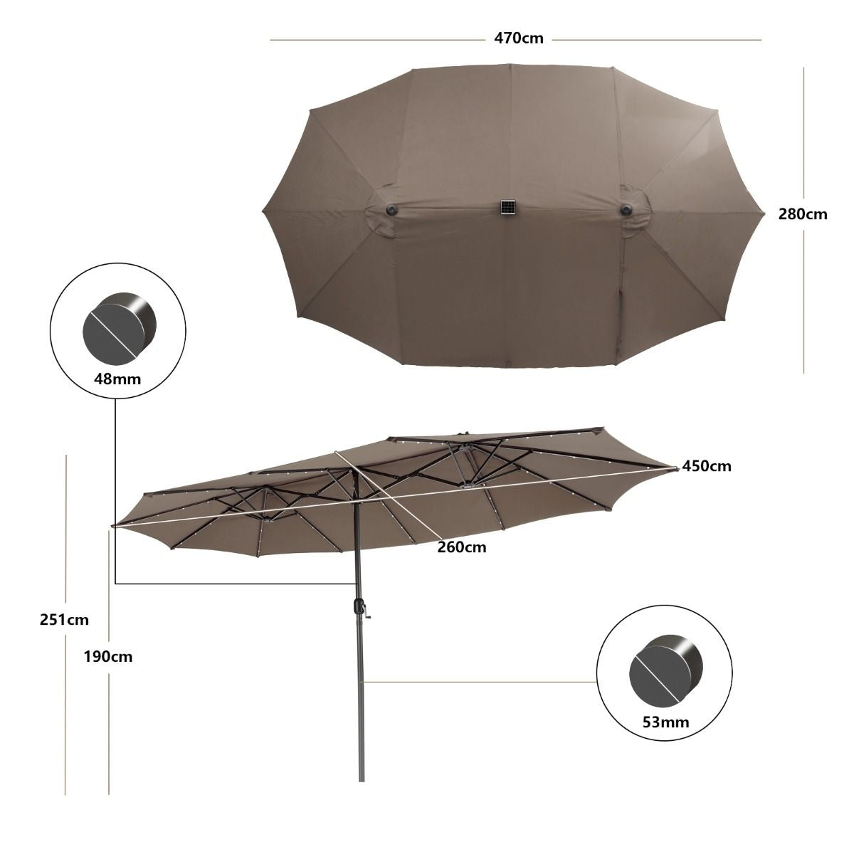 Ombrellone Gemello Da 470Cm Con 48 Luci LED, Ombrello Da Esterno a Doppio Lato Con Pannello Solare Auto-Caricante 3 Colori