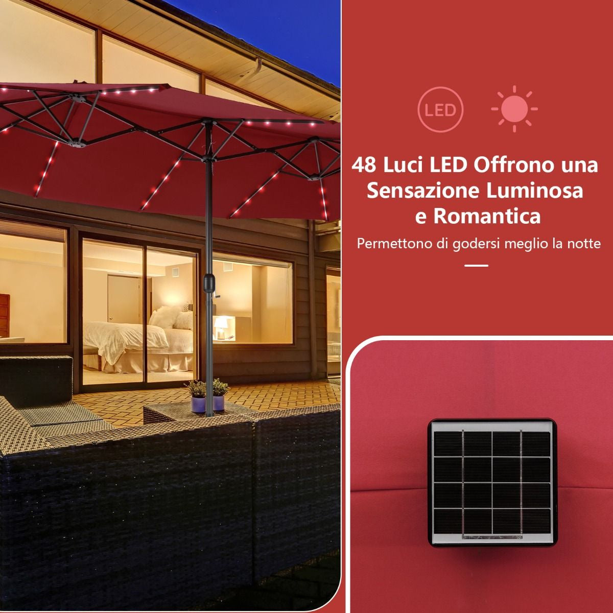 Ombrellone Gemello Da 470Cm Con 48 Luci LED, Ombrello Da Esterno a Doppio Lato Con Pannello Solare Auto-Caricante 3 Colori