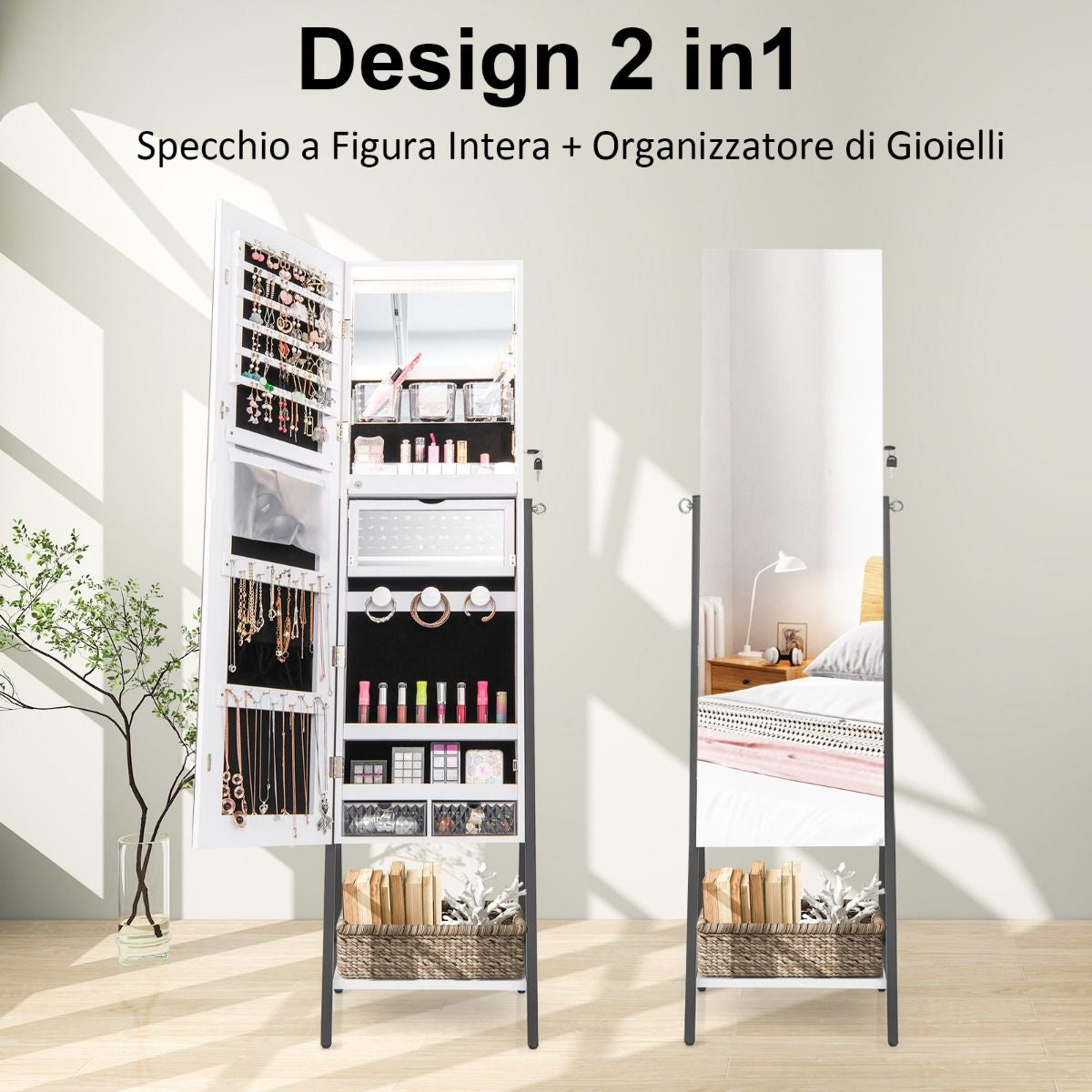 Specchio Portagioie Da Terra Con Serratura Luci LED Telaio Metallico, Armadietto Portagioie 41,5X37X157Cm