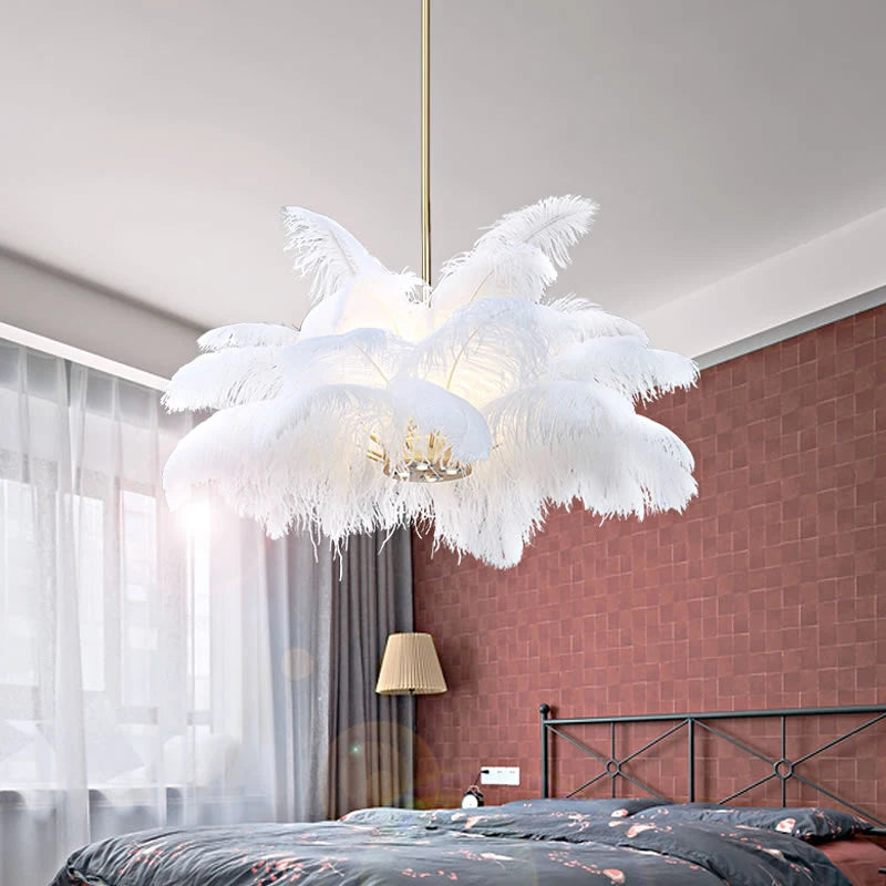 Kobuc Nordic Ostrich Feather LED Pendant Lights Modern Home Decor Feather Chandelier Ceiling Lamp Bedroom Lamp Indoor Light