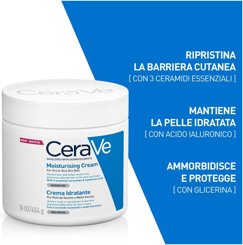 Crema Idratante Viso E Corpo, per Pelle Secca, Con Acido Ialuronico, 454G + Detergente 20Ml & Lozione Idratante Viso E Corpo per Pelle Secca, Con Acido Ialuronico 473Ml + 20Ml